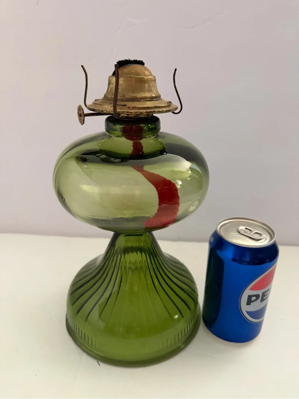 Vintage Olive Green Glass Oil Lamp 10”